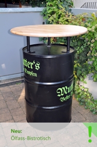 Ölfass-Bistrotisch / "Mutters Bester Tropfen" Kräuterlikör, Kräuterbitter